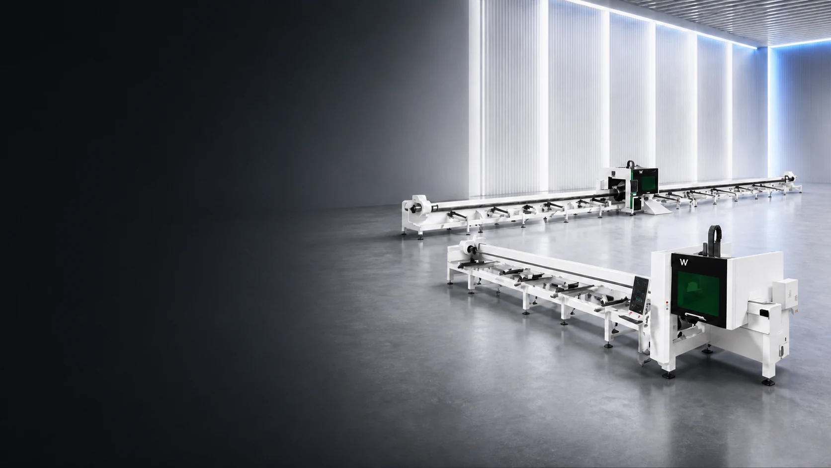 Real Wavlon double-chuck and triple-chuck tube laser systems grounded on a premium industrial showroom floor